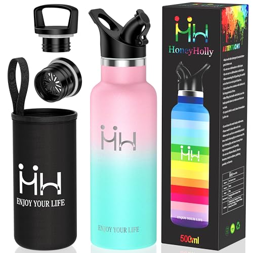 Kkapping 水筒 保温水筒 軽量 500ml ステンレスボトル 2種類の蓋・茶こし・カバー付き スポーツボトル 真空断熱 bpaフリー おしゃれ 洗いやすい設計 食洗機・炭酸・保温保冷対応 学校/オフィス/旅行/山登り/アウトドア ピンク&ミントグリ