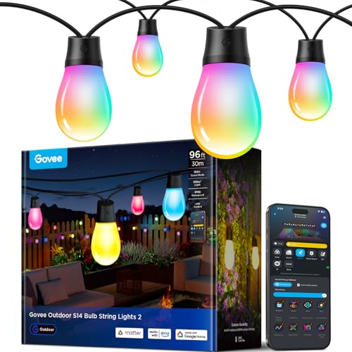 Govee S14 Bulb Outdoor String Lights 2, 96ft Smart RGBIC Warm White Patio Lights with 30 LED Bulbs, 111 Scene Modes for Outdoor Decor, Works with Alexa, Google, Matter, APP Control, IP66 Waterproof