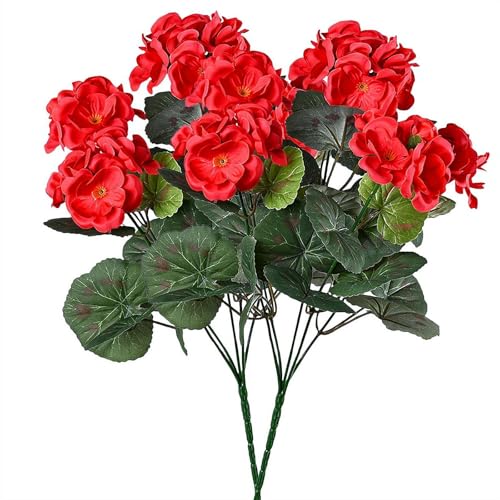 MUMQAQ Lot de 2 fleurs de géranium artificielles pour l'extérieur - Fleurs de géraniums rouges - Fleurs artificielles pour la maison, la cuisine, les...