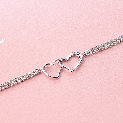 DAOCHONG S925 Sterling Silver I Love U Forever Love Heart Double Chain Bracelets,7+2 inches4