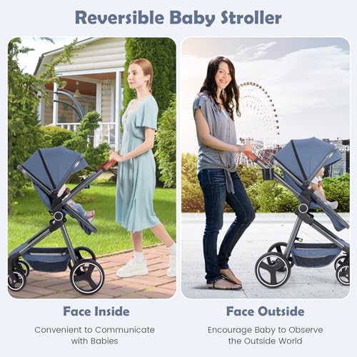 Image of INFANS 2 in 1 Baby Stroller, Newborn Convertible Stroller Bassinet for Infant, Foldable High Landscape Shock Absorption with Reversible Seat, Aluminum Structure for Toddler Pushchair 0-36 Month