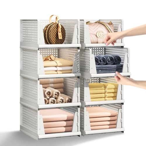 5 Packs Stackable Plastic Storage Basket for Closet Foldable Clos...