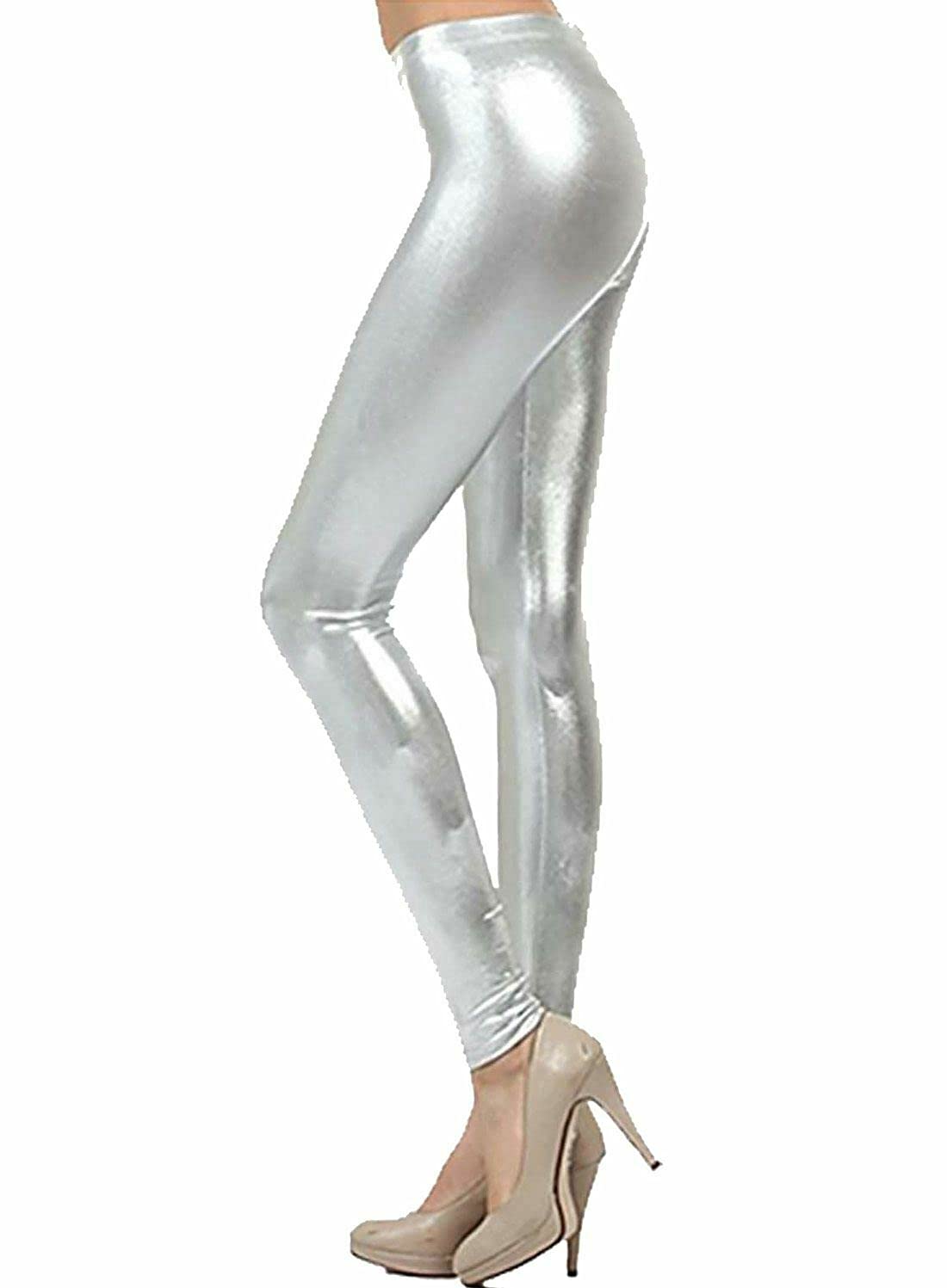 FAIRY TRENDZ LTD Womens Wet Look Elasticated Legging Girls Stretchy Shinny Disco Trouser Pants Small/3X Large UK 8-26 (Silver UK 24-26)