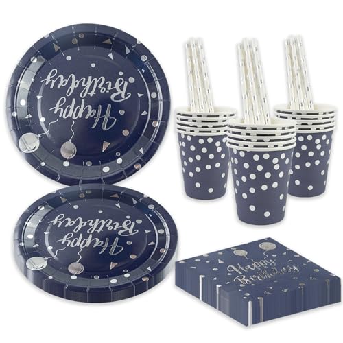 BOKFJBP 80 Stück Geburtstag Party Geschirr Set, Blau und Silber Ballon Kinder Wiederverwendbar Liefert Papier Teller Servietten Tassen Strohhalme für Babydusche Hochzeit Deko Junge Mädchen dient 16