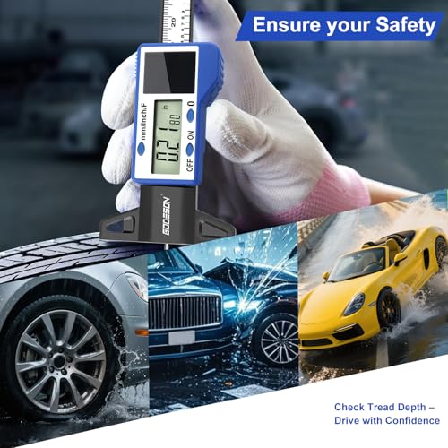 Image of GODESON Digital Tire Tread Depth Gauge - 3 Modes-Fraction /Inch /MM Display, Solar & Battery Hybrid,1 inch (25.4mm /32NDS) Range, Blue Tire Wear Measure Tool for All Vehicles (Car, Truck, SUV)