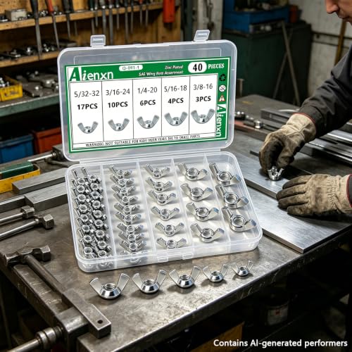 Image of 40PCS SAE Wing Nuts Assortment Kit, 5 Sizes- 5 /32 inch, 3 /16 inch, 1 /4 inch, 5 /16 inch, 3 /8 inch, Zinc Plated Wingnuts Fasteners, Parts Butterfly Wing Nut