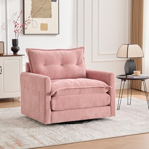 ODOLAR 360° Swivel Accent Chair,36.22” Swivel Armchair,Square Accent Barrel Chair, with Side Pockets - Upholstered Comfy Single Sofa Chair for Living Room, Bedroom, Reading Nook (Pink)