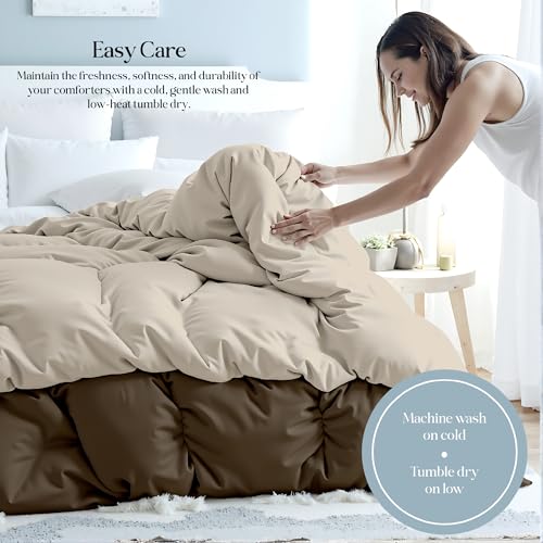 Image of ROYALE LINENS Reversible Comforter - Full Size Duvet Insert - All Season Soft Quilted Comforters with 8 Corner Tabs - Down Alternative Bedding Comforter - Duvet Insert (Chocolate /Sand, Full 82 inchx86 inch)