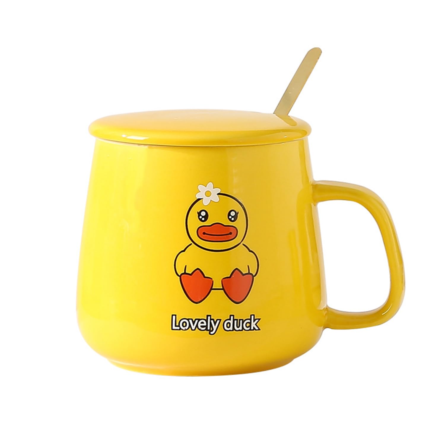 Cute Duck Mug Gifts Duck Coffee Mugs with Lid & Spoon Duck Print Stuff Kitchen Decor 400ml Ceramic Tea Coffee Mugs Birthday Gifts for Women Men Girls Kids (Yellow-Pack of 1)