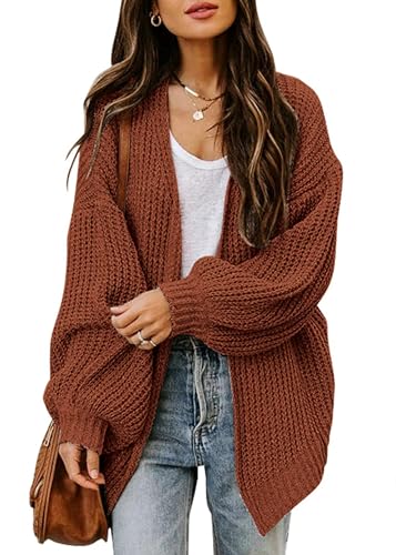 Jhsnjnr Damen Oversize Cardigan Casual Lange Laternenärmel Strickmantel Grobstrick Offene Einfarbig Strickjacken