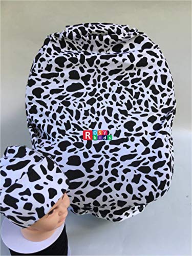 Image of Rosy Kids Stretchy Infant Car Seat Canopy Cover, Elastic Nursing Scarf Privacy Cover with Matching Car Seat Handle Cover and Baby Hat, Baby Car Seat Outdoor Kit, Dairy Cow Prints