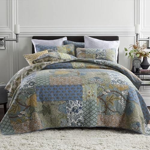 Secgo California King Quilt Size - 100% Cotton Oversized California Comforter Set Green Bedding Sets (120 * 110 Inch) with 2 Pillow Shams, Patchwork Reversible Lightweight Bedspread