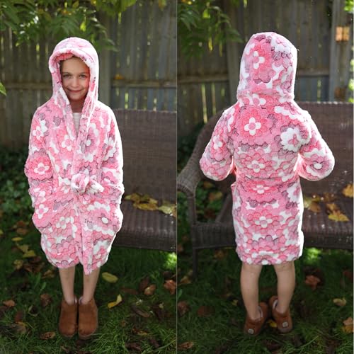 BIG ELEPHANT Kids Hooded Robe, Fleece Bathrobe for Girls Boys, Flannel Sleepwear, Coral Plush Pajamas for Christmas Gift3
