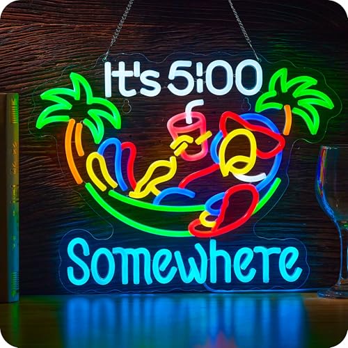 Image of Its 5 00 O'clock Somewhere Neon Sign Parrot Palm Tree Hammock It's Five Oclock Some Where Bar Beer LED Light Man Cave USB Powered Dimmable LED Sign (Green)