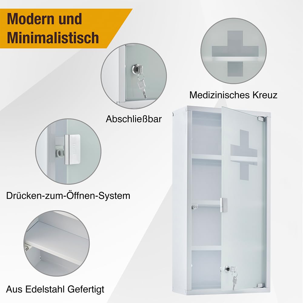 Zedelmaier Medizinschrank aus Edelstahl,Medikamenten Aufbewahrung,Medikamentenschrank 4 Fächer,Apothekerschrank,Badezimmerschrank,Hängend,Abschließbarer Medizinschrank,57 x 27 x 12 cm,Weiß