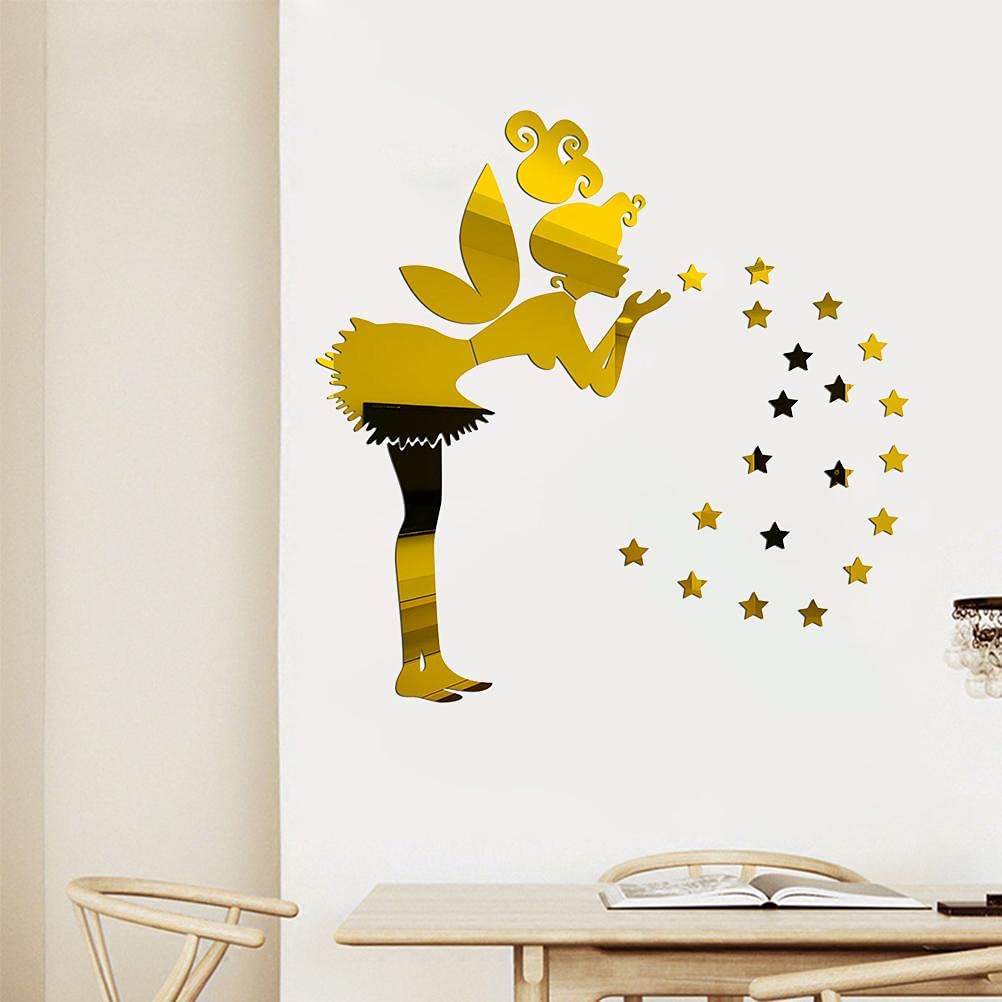 3D Mirror Wall Stickers, Fairy Star Mirror Wall Sticker, Little Angel DIY Acrylic Art Decorative Wall Stickers, Fairy Star Removable Decor Stickers, Girl Stars Wall Stickers for Living Room Decoration