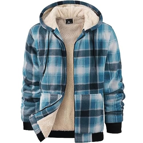 ZITY Heavy Thick Hoodies for Men Plaid Flannel Warm Sherpa Fleece Lined Winter Full Zip Up Coat Light Blue White X-Large