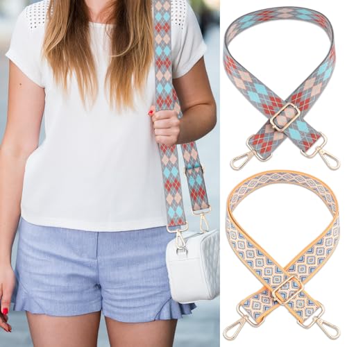 Image of 2 PCS Purse Strap,1.5 inch Wide Shoulder Strap Adjustable Replacement,Replacement Crossbody,Retro Multi pattern Crossbody Bag Straps for Handbag, Crossbody Bags, Shoulder Bags(lozenge pattern)