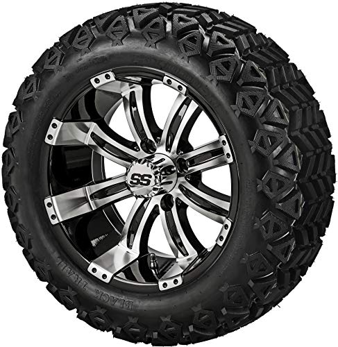 RM Cart 14 Casino Black/Machined on a 23x10-14 Black Trail Tire (Set of 4) | Golf Cart Tires and Wheels Combo with Standard Lug Nuts
