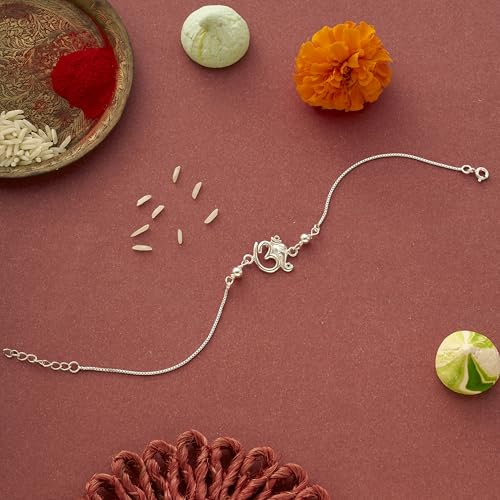 Image of Parnika 925 Om Ganesha Rudraksha Infinity Bro Shiv Bhai Adjustable Silver Rakhi Bracelet For Brother in 92.5 Sterling Silver for Boys and Men | Chandi ki Rakhi | Gift Box Roli Chawal