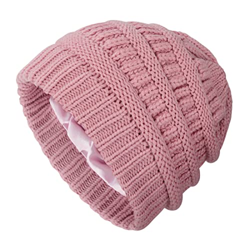 Gorro para Mujer Niña de Invierno Suave y Cálida Sombrero de Punto Gorro de Punto con Forro de Satén para Correr, Montar en Bicicleta, Actividades al Aire Rosa