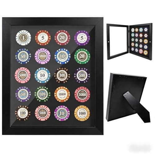 Poker Chip Display Case Frame for 20 Chips Magnetic Front-Opening Display Case Wall-Mount Or Tabletop Display with Hinged Poker Chip Holder for Casino Collector 11.8 X9.8in