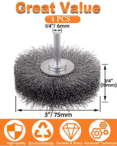 Image of Rocaris 4 Pack Wire Wheel Brush for Drill Attachment, 3 Inch Heavy Duty Brushes for Paint, Rust & Corrosion Removal, 0.0118 inch Carbon Steel, 1 /4in Shank, 20000RPM