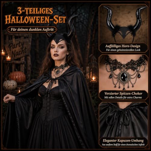 Maleficent Kostüm Damen, 3-teiliges Teufel Set, Umhang Schwarz mit Kapuze, Teufelshörner-Haarreif, Gothic-Halskette, Halloween Kostüm Damen – Bild 3