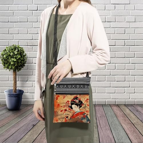 Japanese Geisha Messenger Bag Small Ethnic Pattern Printed Adjustable Strap Crossbody Zipper Bag Japanese Geisha Phone Bag Wallet Cute Shoulder Handbag for Women3