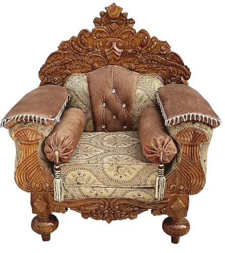 Image of Wooden 5 Seater Sofa Set with Center Table | 3+1+1 Solid Wood Hand-Carved Brown Sofa with Traditional Design Furniture for Living Room | Home | Office