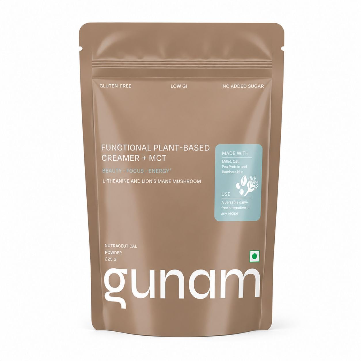 Gunam Functional Plant-Based Creamer + MCT | With L-theanine & Lion’s Mane Mushroom| Creamer Powder to Support Gut & Skin Health | Gluten Free, Low GI & No added Sugar | 15 servings | 225g-image-33