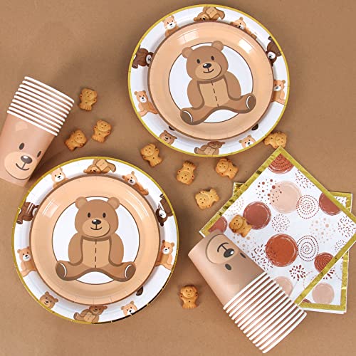 Brown Teddy Bear Baby Shower Plates - Teddy Bear Paper Plates, Disposable Cups, Napkins with Firework Pattern in Golden Border for 24 Theme Party Supplies, Baby Shower, Wedding, Birthday