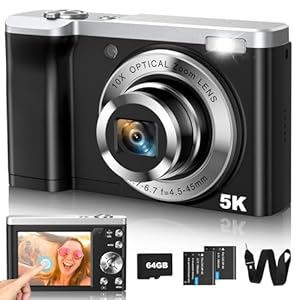 5K Digital Camera 2024 Upgraded 10X Optical Vlogging Camera with Front and Rear Lens, 56MP AutoFocus Cameras for Photography, Touch Screen, Flash, Compact Travel Camera with 64GB Card, 2 Batteries