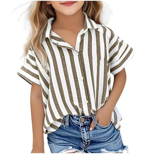 Girls Striped Button Down Shirts Short Sleeve Cotton Linen Shirts Summer Beach Casual Blouse Tops