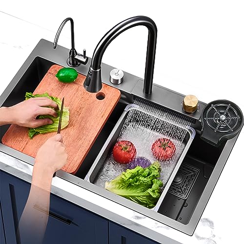 Fregadero de Cocina Rectangular de Acero Inoxidable,80 x 45cm, con Cesta de Grifo Extraíble, Fregadero cocina 1 seno para Montaje Elevado Y Plano, Fregadero Cascada, negro