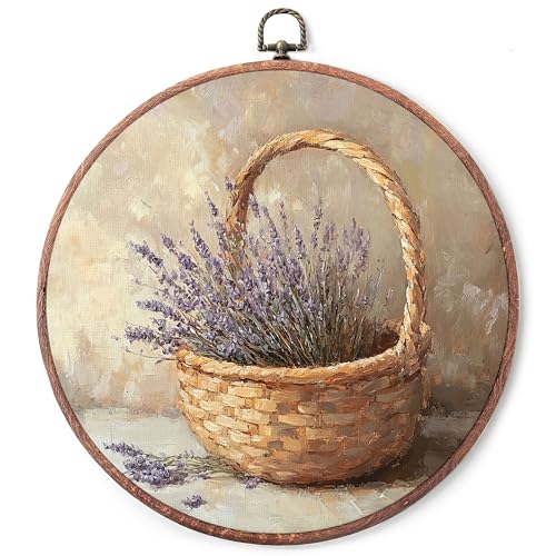 IDUXIY Vintage Floral Wall Art Decor, Purple Lavender Basket Farmhouse Flower Canvas Print Round Wall Hanging Decor, Framed, 10x10 Inch.(005)