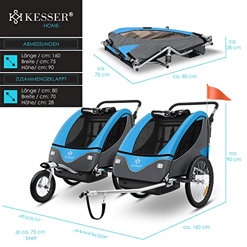 KESSER® Kinderanhänger Fahrradanhänger 360° Drehbar mit Federung 2in1 Joggerfunktion Kinderfahrradanhänger + 5-Punkt Gurt Jogger Fahrrad Anhänger für 1 bis 2 Kinder max. 40kg Inkl. Warnfahne, Blau