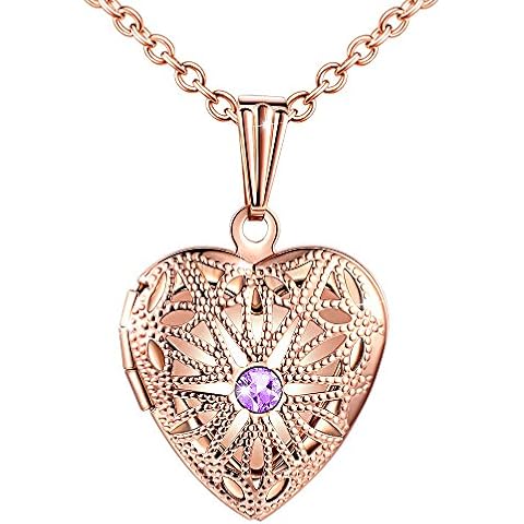 MicLee Ladies Necklace Photo Locket Pictures Amulet Purple Cubic Zirconia Heart Pendant Necklace Stainless Steel with Gift Box Greeting Card Cover