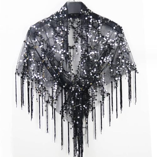 Women's Sequin Shawl Wrap Evening Cape with Tassels 55.91x26.77 inch for Party Dance Wedding Formal Events- Black3