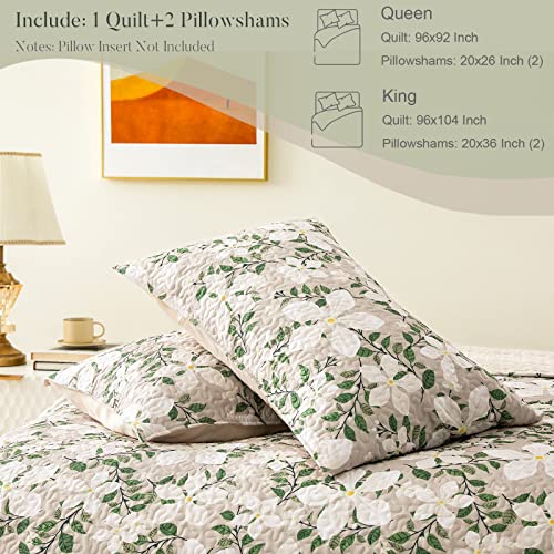 Whale Flotilla Reversible Floral Quilts Full Queen Size, Lightweight Boho Printed Bedspreads Coverlets Quilt Bedding Set with 2 Pillow Shams for All Seasons, White/Bone