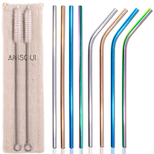 AniSqui 8-Pack Reusable Metal Straws and Cleaner Brushes 21.5cm Length with 6.5mm Diameter Coloured Stainless Steel Straws Drinking Reusable (4 Straight + 4 Bent) with Cottonstorage Bag for Travel