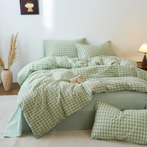 Image of EAVD Vintage Style Green&White Plaid Gingham Duvet Cover King Soft 100% Washed Cotton Fresh Grid Checkered Gingham Bedding Set with 2 Pillowcases Farmhouse Green Plaid Duvet Cover with Zipper Closure