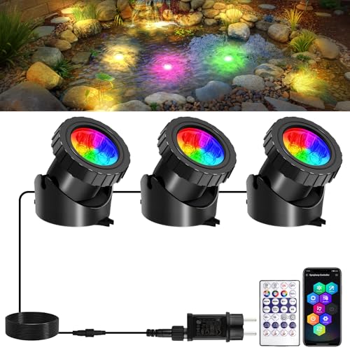 T-SUNUS Lumière LED Submersible RGB, Projecteur de Bassin IP68 Étanche avec Télécommandes APP Bluetooth Contrôle, Lampes de Piscine pour Fontaine Jardin Aquatique 3...