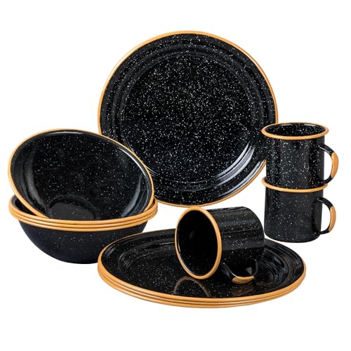 Granite Ware 12-Piece Outdoor Set, Enameled Steel, Perfect for Camping & Picnics - Speckled Black with Color Rim