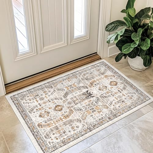 Madane Washable Area Rug 2x3, Small Entryway Rug Non-Slip Vintage Door Mat Indoor Entrance, Low Pile Floor Carpet for Inside Front Door Bedroom Kitchen Entry Laundry (2'x3', Brown/Gold)