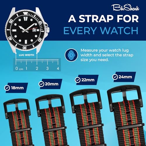Image of BluShark - Original Collection Military-Style Waterproof Watch Strap, Fits All Timepiece Brands, Durable Nylon Wristwatch Accessories with Stainless Steel Buckle - 18mm, 20mm, 22mm & 24mm Watch Bands