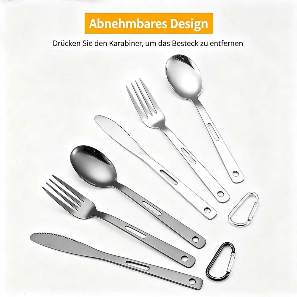 48-teiliges Camping Besteckset für 16 Personen, 3-teilig pro Person mit Karabiner, Edelstahl, spülmaschinengeeignet Silber