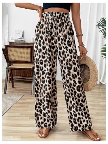 SHENHE Women's Leopard Print Wide Leg Palazzo Pants High Paperbag Waist Cheetah Trousers4