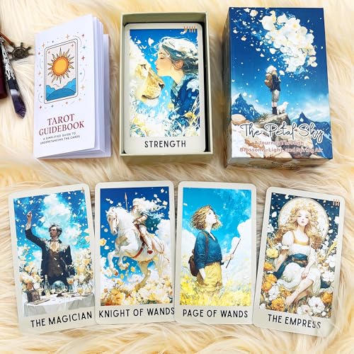 Image of Tarot Cards Deck 78 Cards with Guidebook, Petal Sky Tarot, Spring Blossom Tarot Deck for Beginners, Light Aesthetic Tarot Cards for Intuitive Reading, Renewal, Spiritual Guidance & Gift