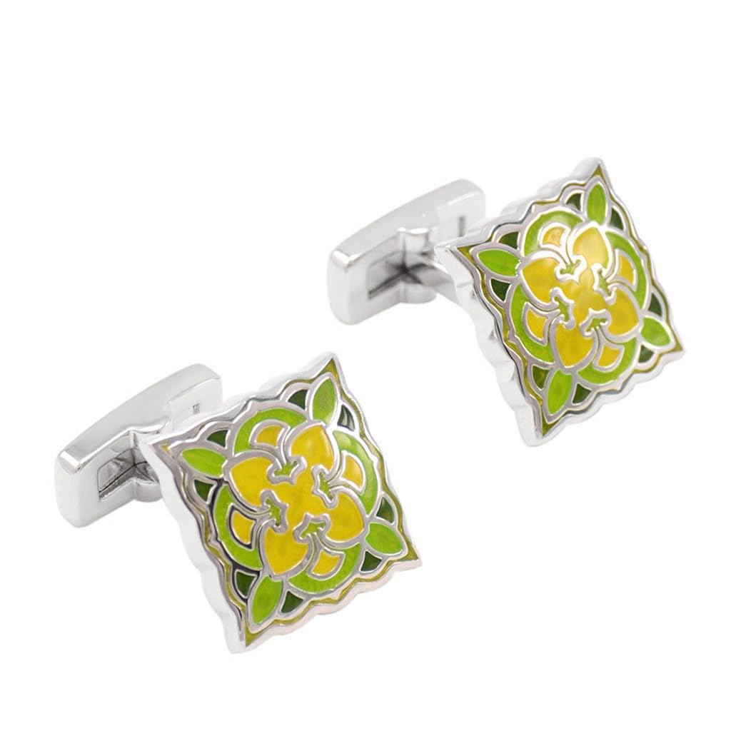 Gemelos de Camisa Francesa con diseño Cuadrado y diseño Retro con uñas para Hombre, Estilo Boutique, Negocios, Esmalte Verde y Amarillo